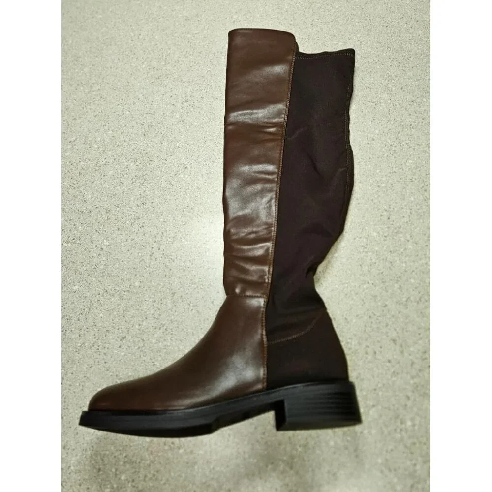 🆕Women Brown-pu Knee High Comfortable Thigh High Daily Low Flat Heel Long Boot